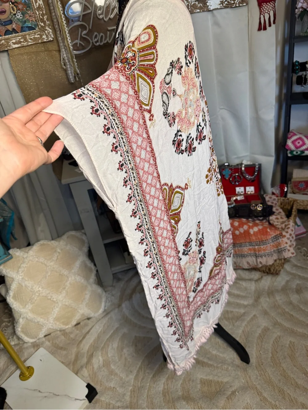 Altar'd State Blush and Ivory Floral Fringe Kimono